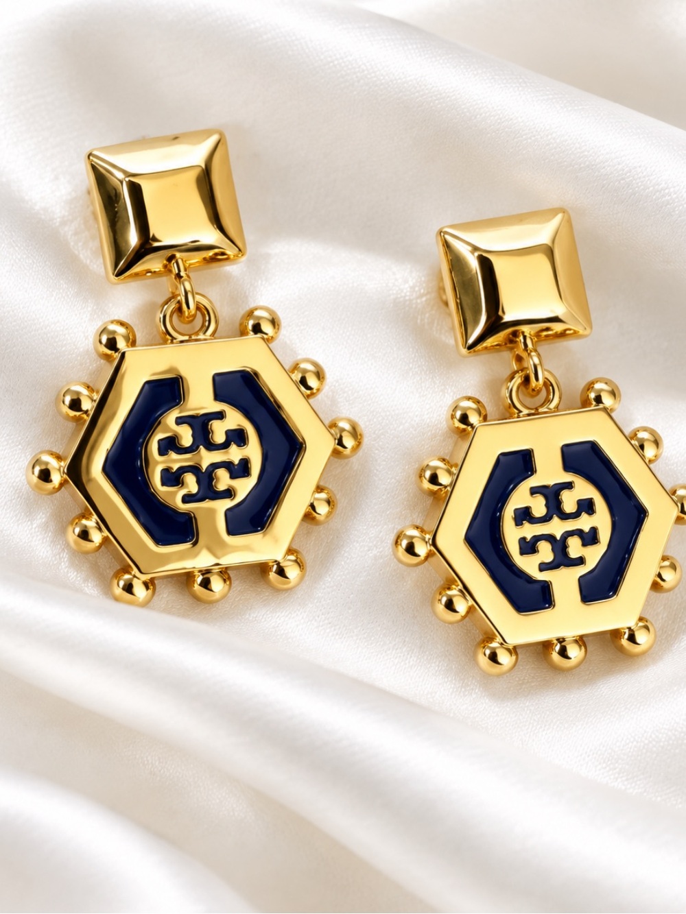 Tory Burch Gold and Navy Hexagon Logo Drop Earrings with Stud Top